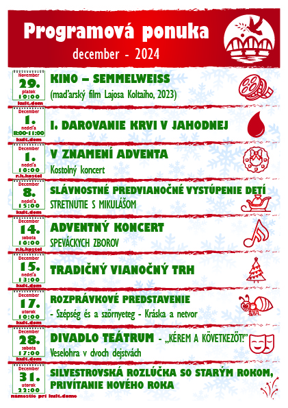 Srdečne pozývame obyvateľov obce Jahodná na&nbsp;kultúrne programy usporiadané v&nbsp;decembri 2024.